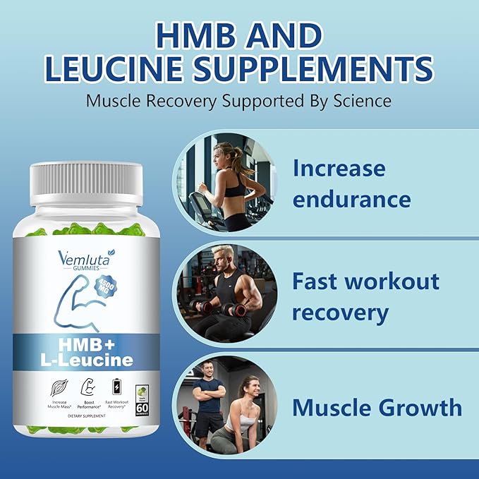 2 Packs HMB and Leucine Supplements Gummies for Men, Women - 4500MG, HMB & Leucine for Muscle Recovery & Growth Support, Non-GMO, Gluten-Free, Vegan, Adults & Elder, Apple Flavor, 120 Counts