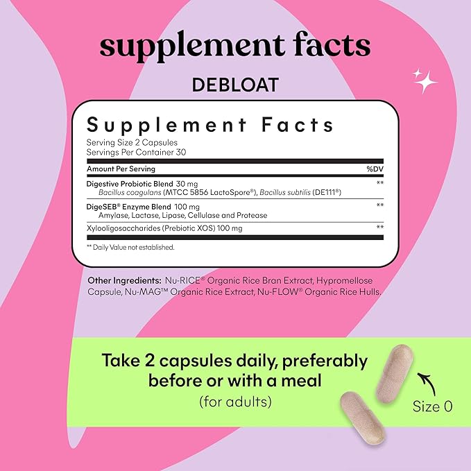 Lemme Debloat 3-in-1 Prebiotic, Probiotic & Digestive Enzyme Capsules for Bloating & Gas Relief - 2 Clinically Studied Probiotics w/5 Digestive Enzymes to Improve Digestion, Women & Men, (60 Count)