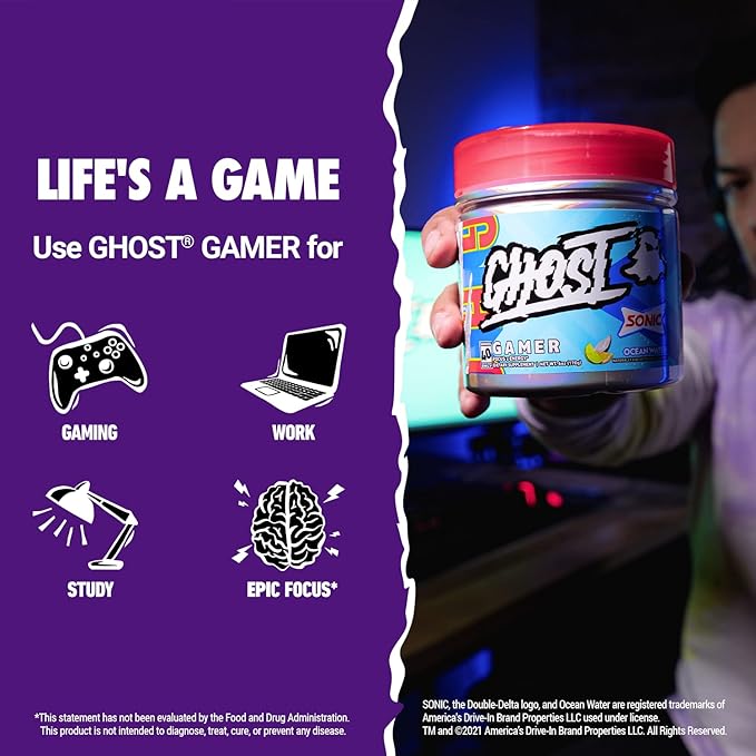 GHOST Gamer: Energy and Focus Support Formula - 40 Servings, Sonic Ocean Water - Nootropics & Natural Caffeine for Attention, Accuracy & Reaction Time - Vegan, Gluten-Free