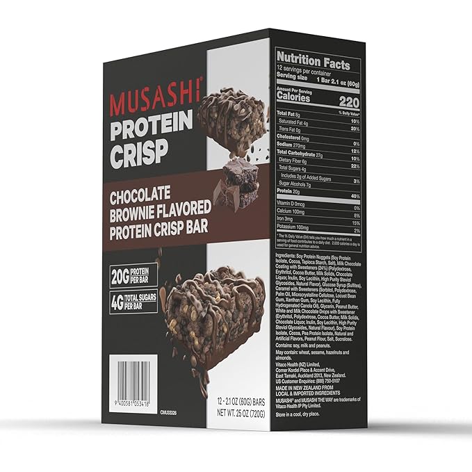 MUSASHI Protein Crisp Bar, 20g Protein, 4g Total Sugars, Chocolate Brownie, Post Workout and Snack On The Go, 12 Pack of 2.1oz (60g) Bars