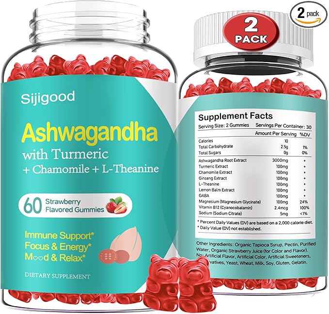 2 Pack Ashwagandha Gummies with L-theanine, Ashwa Root Supplement Gummy for Women Men, 120 Strawberry Flavored Gummies