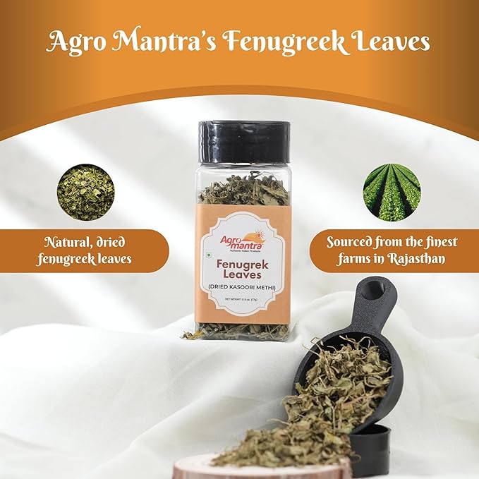 Agro Mantra natural and organic Fenugreek Leaves (Dried Kasoori Methi) 0.6 oz (17g) All Natural, Salt-Free, Vegan, No Colors, Gluten Free, NON-GMO, Indian geotag product