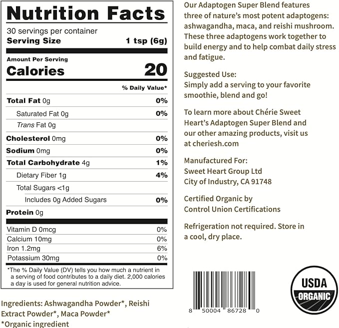 Cherie Sweet Heart Adaptogen Super Blend, USDA Organic, Maca + Reishi + Ashwagandha, 6 Ounce Bag, Non-GMO, Vegan, Gluten Free