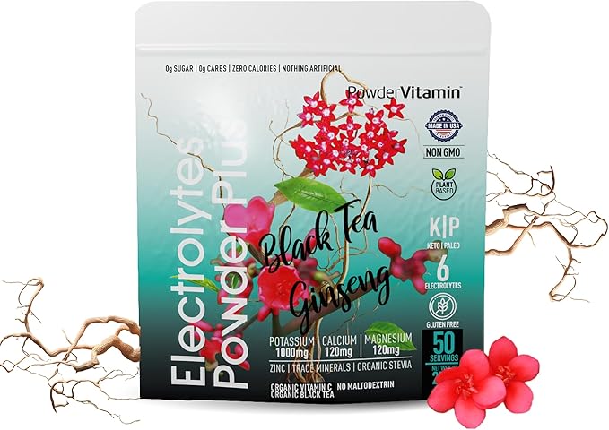 Electrolytes Powder Plus (50 Servings) Black Tea Ginseng Electrolyte Powder Keto, Sugar Free, Pink Himalayan Salt,1000mg Potassium,120mg Calcium,120mg Magnesium, Hydration Powder