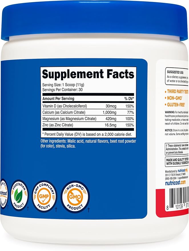 Nutricost Calcium Magnesium Zinc with Vitamin D3 Powder, 30 Servings (Fruit Punch) - Calcium (1000 MG) Magnesium (420 MG) Zinc (16.5 MG) Vitamin D3 (30 MCG) - Gluten Free, Non-GMO