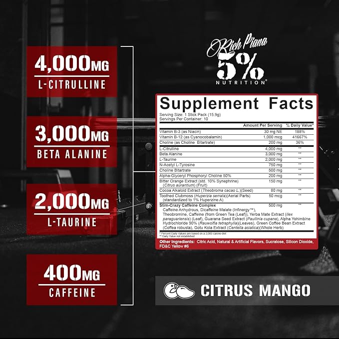 5% Nutrition Rich Piana 5150 High Stim Pre-Workout Powder Packets | Extreme Energy, Focus, Pumps & Endurance | 513 mg Caffeine Complex, Citrulline, Beta Alanine, L-Tyrosine (Citrus Mango) (10 Count)