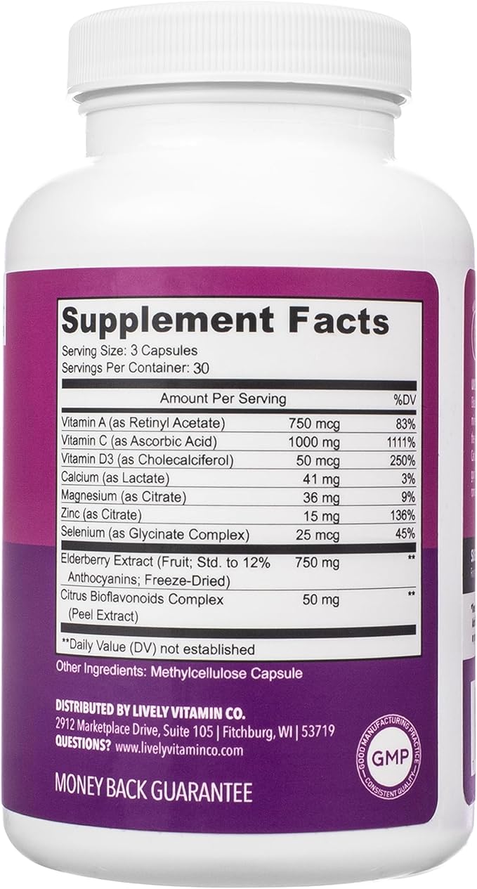 LIVELY VITAMIN CO. Elderberry Boom - Boosts Immune Function - Prevents Colds & Sickness - Elderberry, Zinc, Calcium, Magnesium, Vitamin C - 90 Vegetarian Capsules