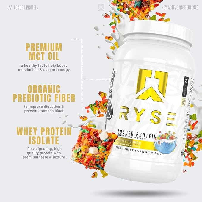 Ryse Loaded Protein Powder - Fruity Crunch - 25g Whey Protein Isolate & Concentrate with Prebiotic Fiber & MCTs - Low Carb, Low Sugar, Digestive-Friendly - 27 Servings / 2 lb Tub