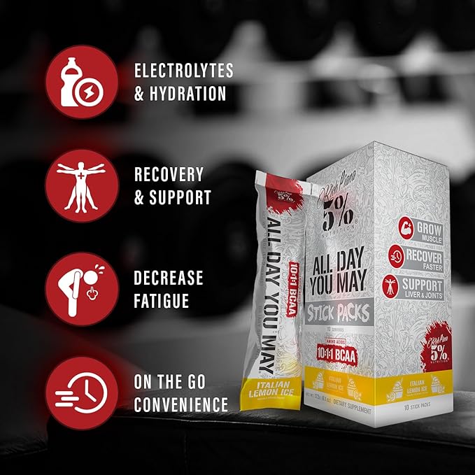 5% Nutrition Rich Piana AllDayYouMay BCAA Powder | 9g of Premium Intra & Post Workout Amino Acids for Hydration, Endurance, Muscle Recovery, Joint & Liver Support (Italian Lemon Ice)