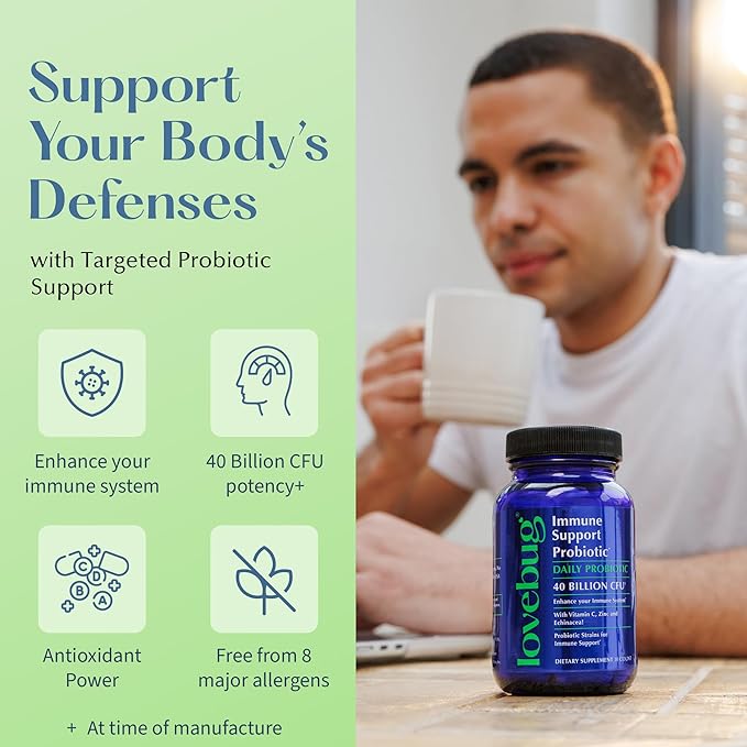 lovebug PROBIOTICS Immune Support Daily Probiotic for Men & Women, 40 Billion CFU & 6 Strains, Includes Vitamin C, Zinc & Echinacea, 30 Capsules, Vegan & Non-GMO