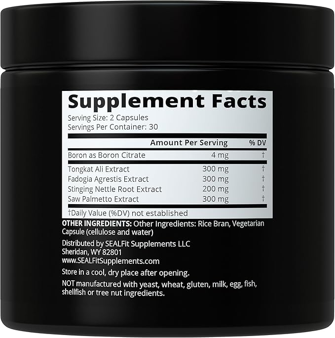 SEALFIT Testosterone Booster for Men. 5-in-1 Supplement with Boron, Tongkat Ali, Fadogia Agrestis, Stinging Nettle Root, and Saw Palmetto. for Energy Boost, Strength, & Muscle Recovery. 60 Capsules