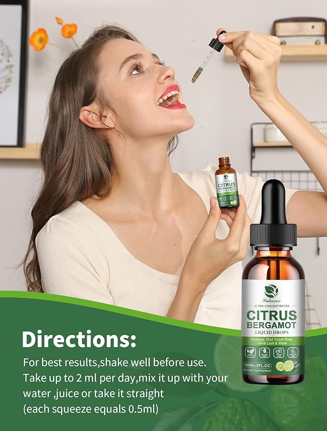 Citrus Bergamot Liquid Drops - Natural Supplement with Soursop, Red Yeast Rice, Garlic, Olive Leaf, Black Pepper - High Absorption - Support Overall Wellness* - Soursop Bitters Liquid, 2 Fl Oz