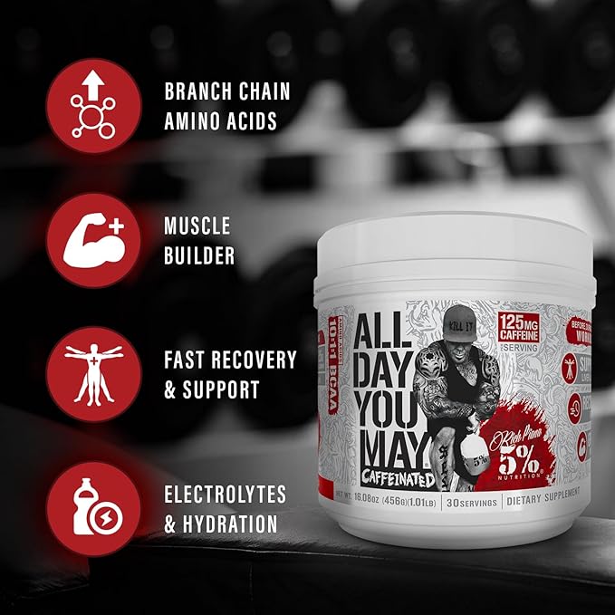 5% Nutrition Rich Piana AllDayYouMay Caffeinated BCAA Energy Powder | Premium Pre Workout Amino Energy & Electrolytes | Hydration, Endurance & Recovery | 16.3 oz, 30 Servings (Southern Sweet Tea)