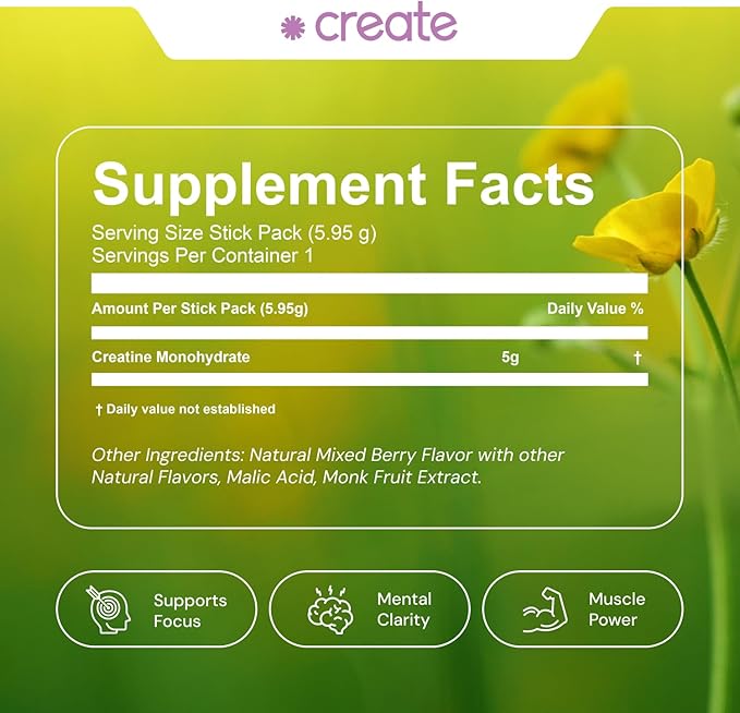 Create Single Serve Creatine Monohydrate Powder – 5g Creapure Creatine | Redefining Strength, Energy & Recovery | Sugar-Free, Vegan, Non-GMO | Mixed Berry | 30 Portable Packets