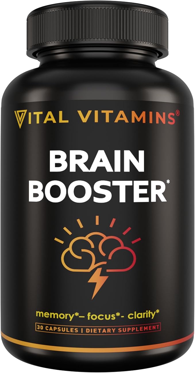Vital Vitamins Brain Supplements for Memory and Focus – Nootropic Brain Booster with Ginkgo Biloba, Rhodiola, B12 – Caffeine-Free Support for Adults & Seniors – 30-Day Supply, 30 Capsules