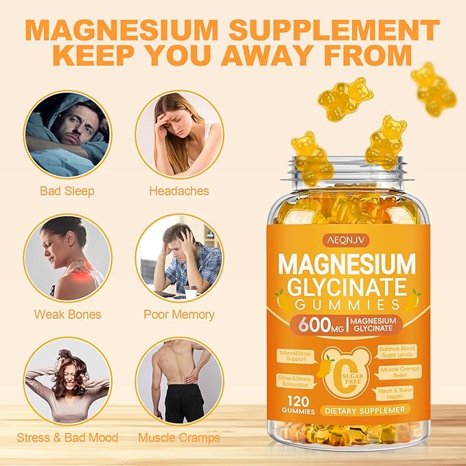 Magnesium Glycinate Gummies 600mg, Chewable Sugar Free Potassium Magnesium Gummies with Magnesium Glycinate, Vitamin D, B6 and CoQ10 for Sleep, Relaxation, Brain & Muscle, 120 Count
