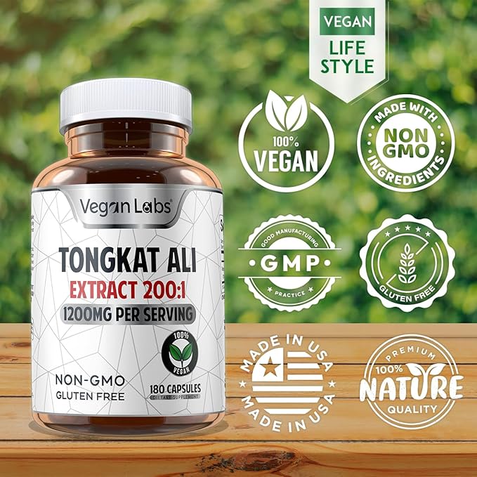 Vegan Labs Tongkat Ali 200:1 Extract, 1200MG Per Servings- 180 Vegan Capsules- Supports Energy and Stamina- Gluten Free, Non-GMO Premium Quality Supplement