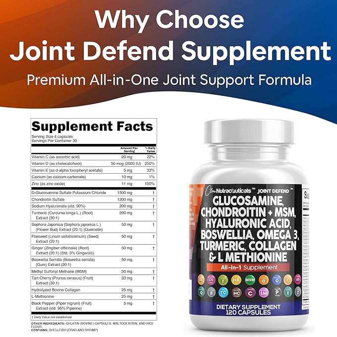 Clean Nutraceuticals Glucosamine Chondroitin MSM 1500mg with Turmeric Curcumin, Collagen, Hyaluronic Acid, Omega 3 – Joint Health Supplement for Men & Women – Joint Complex – 120 Count