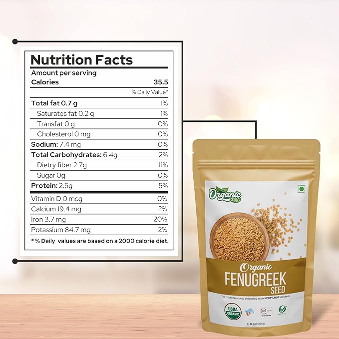 Organic Fenugreek Seeds Also Known As Methi Seeds and Trigonella Foenum-Graecum | USDA Certified | Vegan | Preservative Free | Product of India - 453g Resealable Pack of 2
