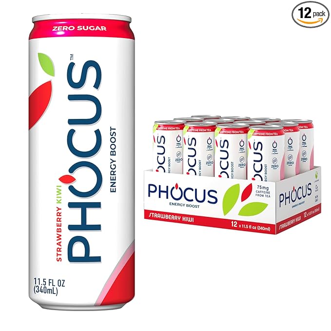 PHOCUS Energy Drink, Strawberry Kiwi Sparkling Water, 75mg Natural Caffeine Plus L-Theanine, Zero Sugar, Zero Calories, No Artificial Sweeteners, 11.5 fl oz Cans (Pack of 12)