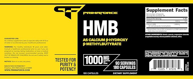 Primaforce HMB (Beta-Hydroxy Beta-Methylbutyrate) 1000mg, 180 Capsules (500mg Per Capsule) - Gluten Free and Non-GMO Supplement