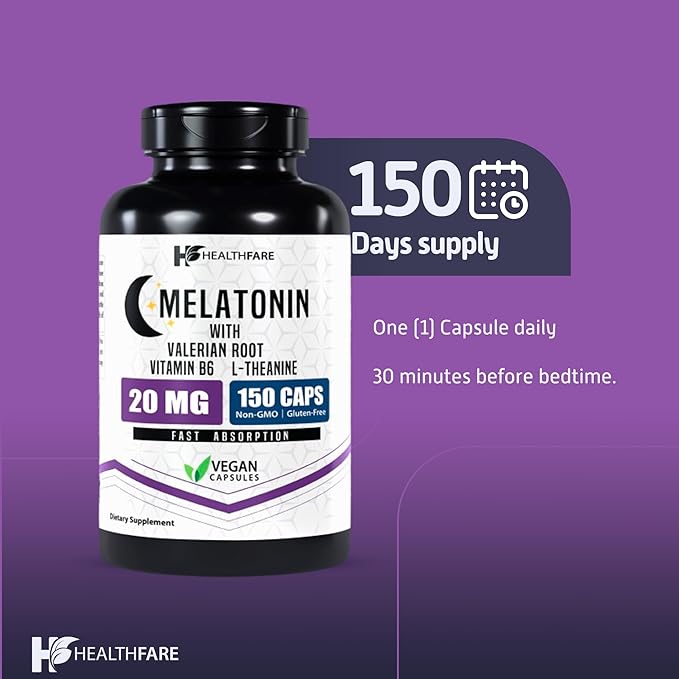 Melatonin 20mg | 150 Veg Capsules | Complex with L-Theanine | Valerian Root & Vitamin B6 | Vegetarian Formula | Non-GMO | Gluten-Free | Made in The USA