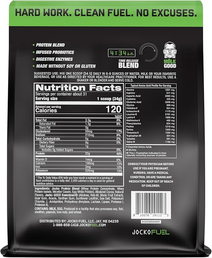 Jocko Fuel Mölk Whey Protein Powder 22g Low Sugar Monk Fruit Blend - Muscle Recovery & Growth, Packaging May Vary (31 Servings, Mint Chocolate)