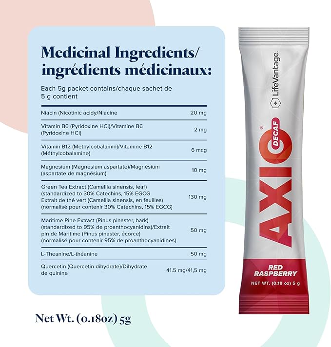 LifeVantage - AXIO - Regular Energy Drink Powder, Red Raspberry - with B Vitamins, DMAE, L-Theanine, Quercetin, Green Tea and Pine Bark - 30 Packets