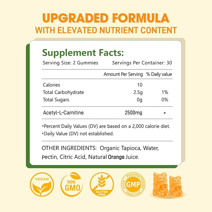 2 Pack Acetyl L-Carnitine Supplement, Natural Nutrition Supplement for Boost Energy, Immunity, Vegan, Orange Flavor, 120 Count