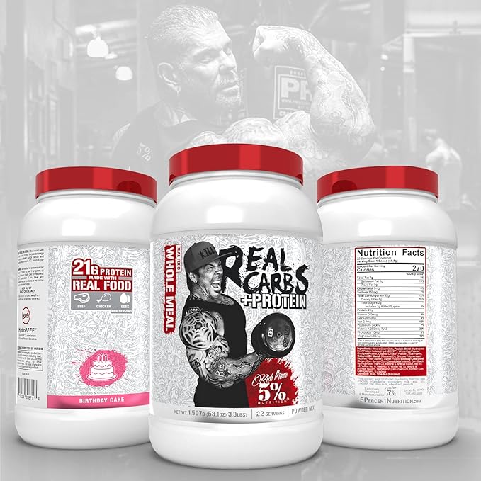 5% Nutrition Rich Piana Real Carbs + Protein | Clean Mass Gainer Meal Replacement Protein Powder | Carbohydrate for Pre Workout/Post-Workout Recovery Meal | 3 lb, 20 Srvgs (Birthday Cake + Protein)