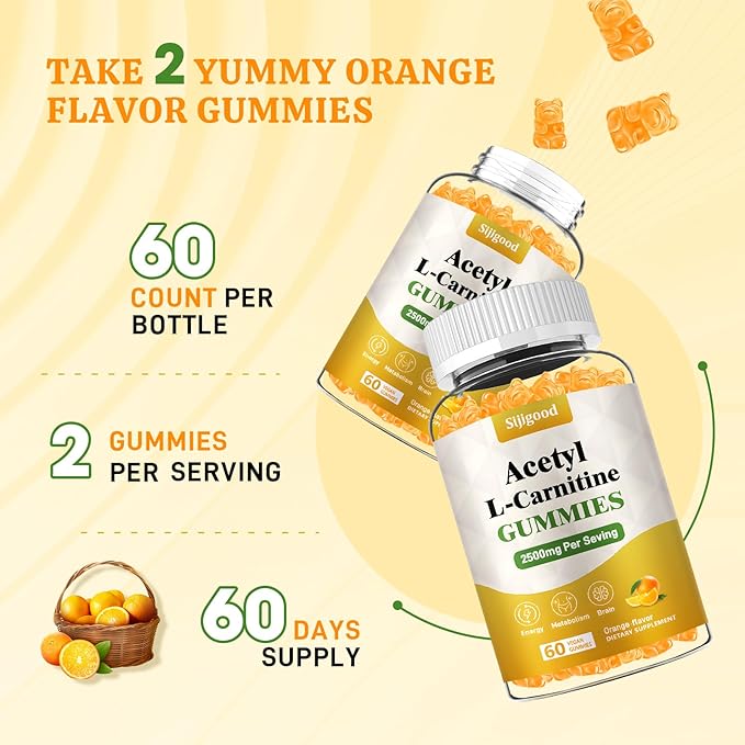 2 Pack Acetyl L-Carnitine Supplement, Natural Nutrition Supplement for Boost Energy, Immunity, Vegan, Orange Flavor, 120 Count