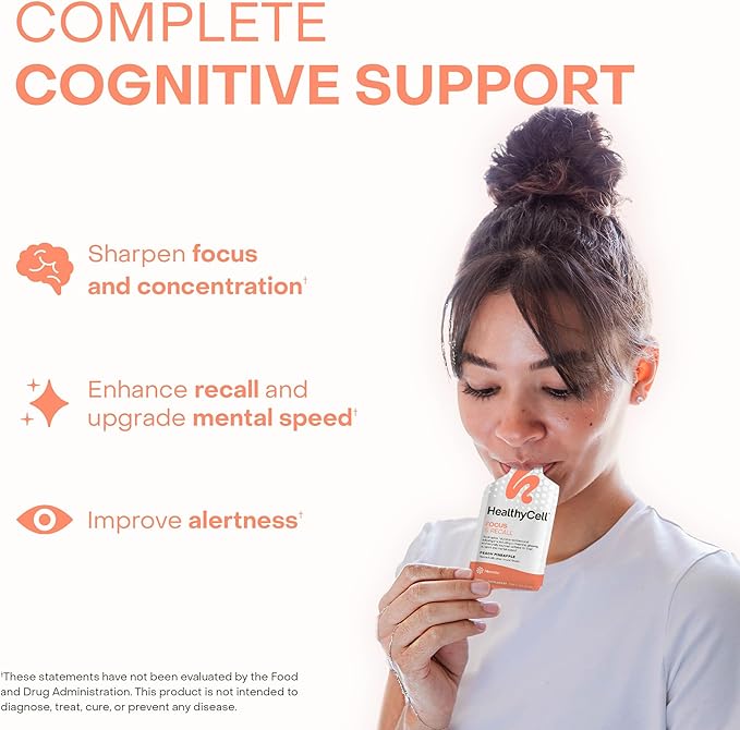 Healthycell Focus & Recall, Daily Liquid Brain Supplement for Focus & Memory - Nootropics Supplement for Concentration & Alertness with L-Theanine, Omega-3 & Taurine - 14 Gel Packs