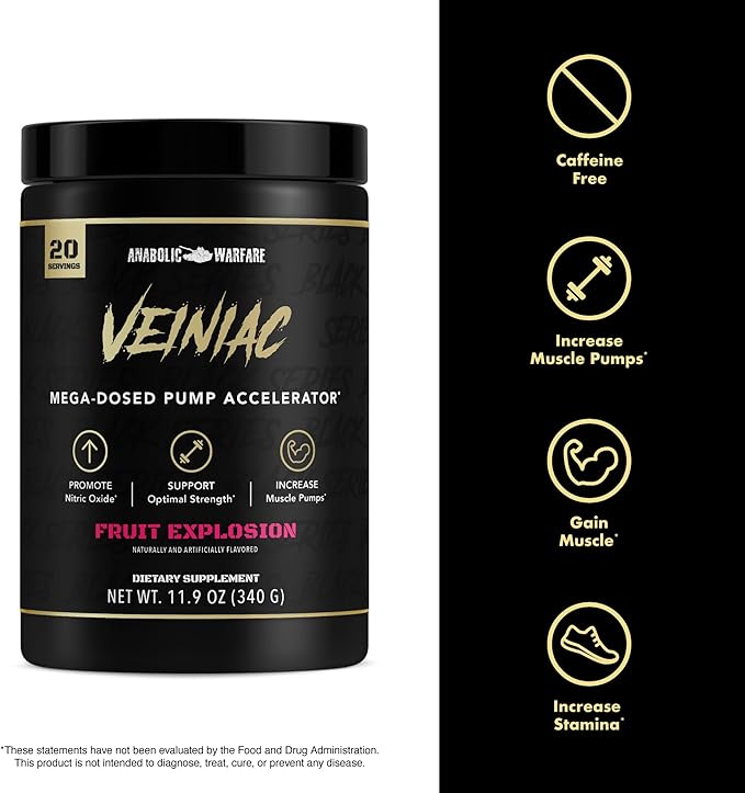 Anabolic Warfare Veiniac Muscle Pump Activator Supplement Stimulant Free Pre-Workout with L-Citrulline, Betaine Anhydrous, & Added AGMass™, Increases Nitric Oxide*, Fruit Punch 20 Servings