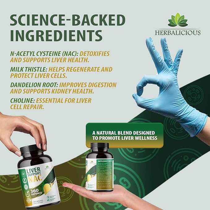 Liver Support NAC 360 Defence Capsules – Liver Detox with NAC, Milk Thistle, Dandelion Root, Turmeric, Choline, Zinc, and Chanca Piedra – Promotes Liver Health and Cellular Protection – 120 Capsules