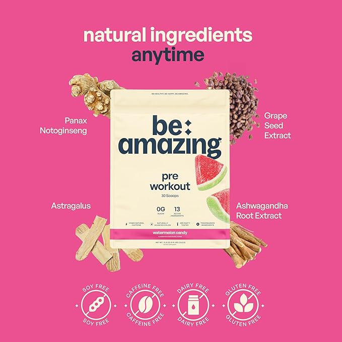 Be Amazing Pre-Workout Powder | Vegan Energy Booster Powdered Drink with All-Natural Caffeine, No Crash, No Jitters Gluten-Free Supplement with Adaptogens | Watermelon Candy, 30 Scoops