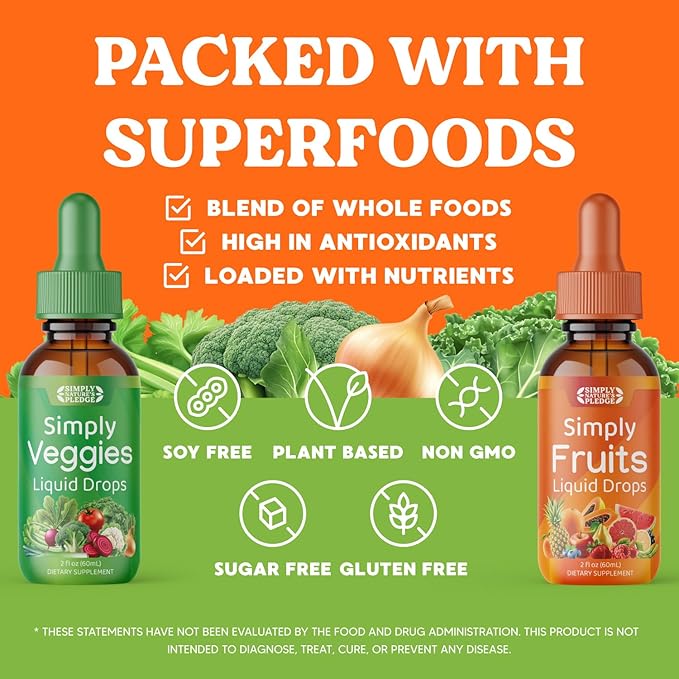 Simply Nature's Pledge - Fruit and Vegetable Supplements - Liquid Drops - Made with Whole Food Superfoods, Packed Vitamins & Minerals - Soy Free - Made in The USA
