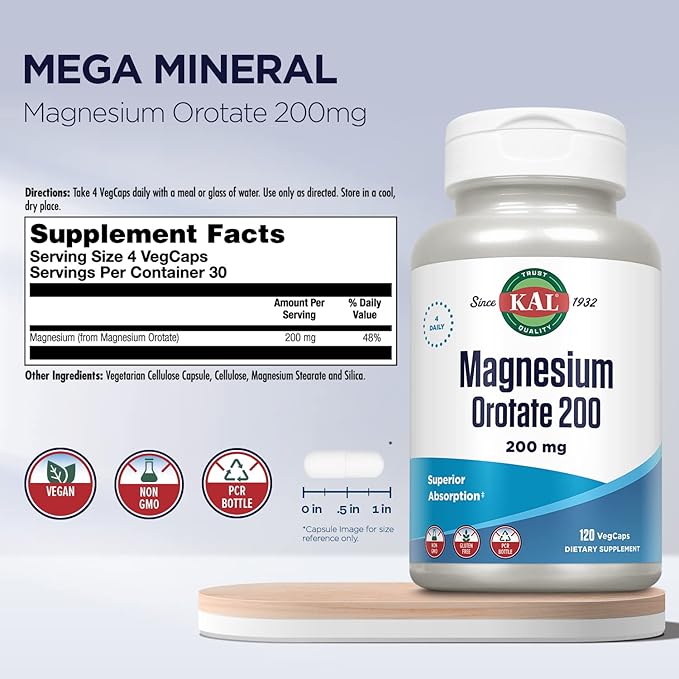 KAL Magnesium Orotate 200 mg, Superior Absorption Formula, Chelated Magnesium for Healthy Bones, Teeth, Nerve and Muscle Function, Vegetarian, Non-GMO, Gluten Free, 30 Servings, 120 VegCaps