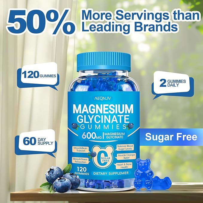 Magnesium Glycinate Gummies 600mg, Chewable Sugar Free Potassium Gummies with Magnesium Glycinate, Vitamin D, B6, and CoQ10 for Calm Support & Sleep for Adults, 60 Days Supply