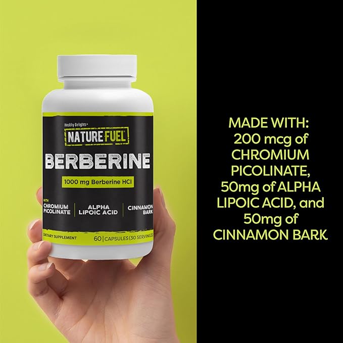 Healthy Delights Nature Fuel Berberine Capsules, Berberine Supplement, with Berberine HCl, Chromium Picolinate, Alpha Lipoic Acid, and Cinnamon Bark, 60 Count, 30 Servings