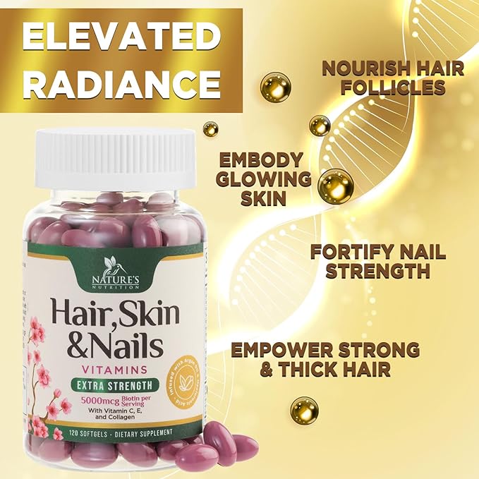 Hair Vitamins Women, Ultra Strength 5000mcg Biotin, Collagen, PABA & More - Womens Hair Growth, Skin, Nails & Keratin Support Supplement, Infused w/ Argan Oil & Hyaluronic Acid, Non-GMO - 120 Softgels