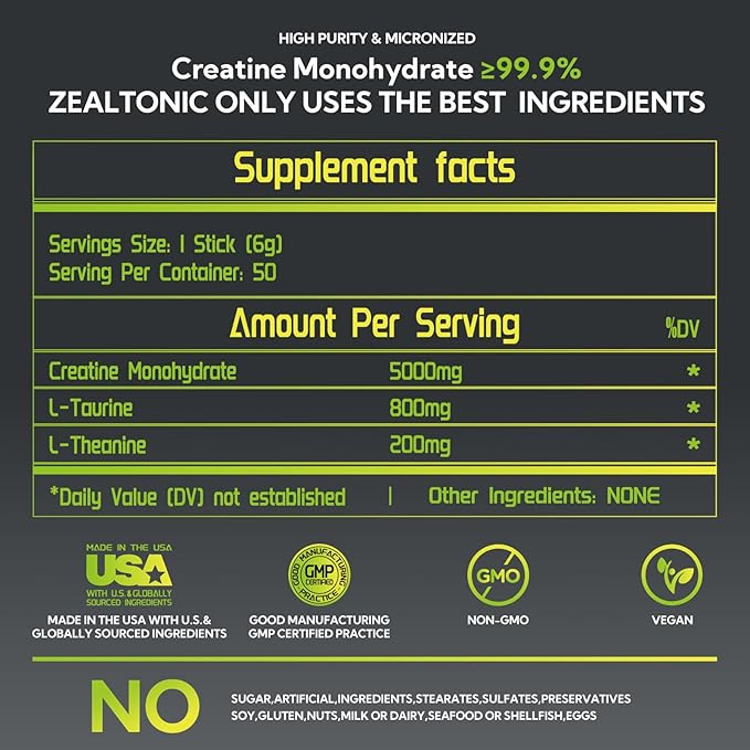 5000mg 99.9% Micronized Creatine Monohydrate Powder Stick Packs with 800mg of Taurine, and 200mg of L-theanine Supports Strength, Lean Muscle, & Recovery for Men & Women Creatine Packets 100 Servings