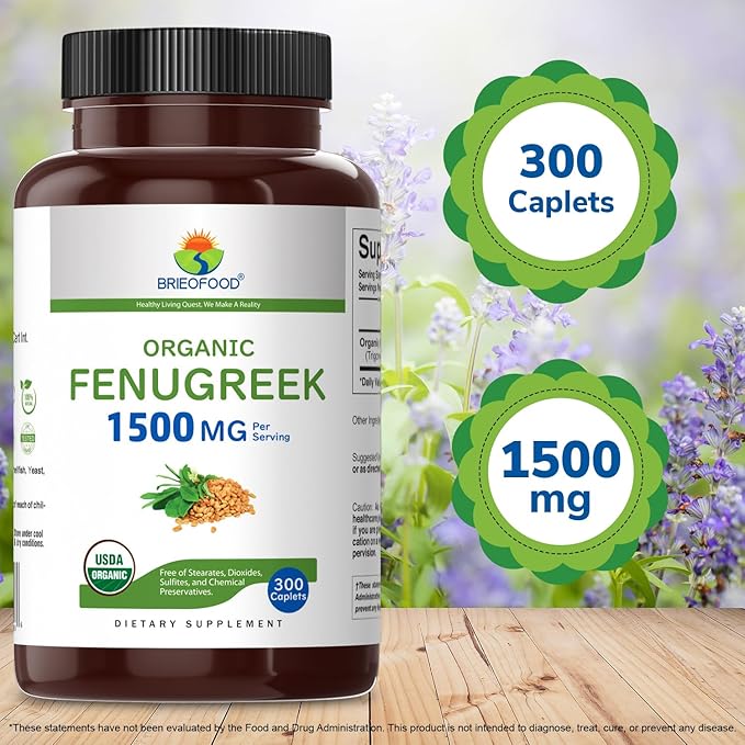 Brieofood Organic Fenugreek 1500mg, 150 Servings, Vegetarian, Gluten Free, 300 Vegetarian Tablets