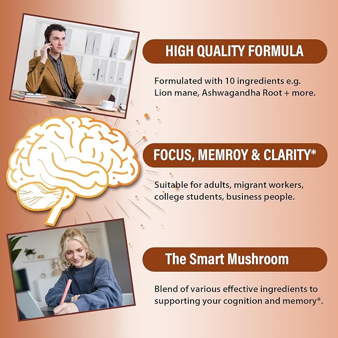 Ashwagandha & Lions Mane Supplement Capsules, Brain Supplements for Memory and Focus, Ashwagandha Supplement with Rhodiola & Black Peppe, Cortisol Supplements for Women & Men,90 Caps