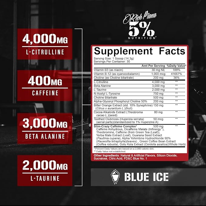 5% Nutrition Rich Piana 5150 High Stim Pre-Workout Powder | Extreme Energy, Focus, Pumps & Endurance | 400 mg Caffeine, Citrulline, Beta Alanine, N-Acetyl L-Tyrosine | 30 Srvgs (Blue Ice)