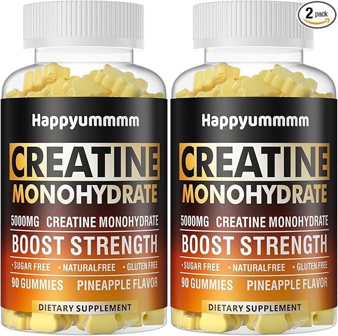 Creatine Monohydrate Gummies 5000mg for Men & Women, Chewables Creatine Monohydrate for Muscle Strength, Muscle Builder, Energy Boost, Pre-Workout Supplement(90 Count)-Pineapple-2pack.