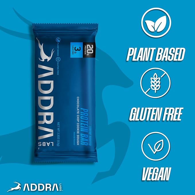 ADDRA Protein Bars - 20g Plant-based Muscle Recovery Protein Bars with 3g of the Recovery BCAA, Leucine, for Runners, Cyclists, Triathletes, Gluten-Free, Low Sugar, Vegan, Chocolate Chip Cookie Dough Flavor, 8 bars