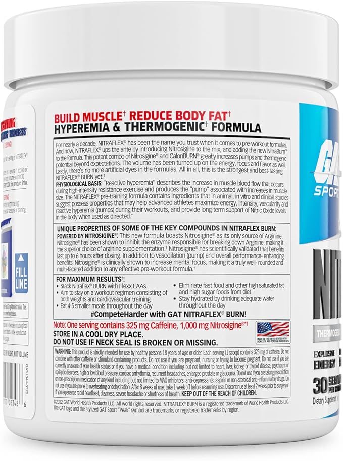 GAT SPORT NITRAFLEX Burn, Pre Workout Thermogenic Powder, Tropic Thunderburst, 30 Servings