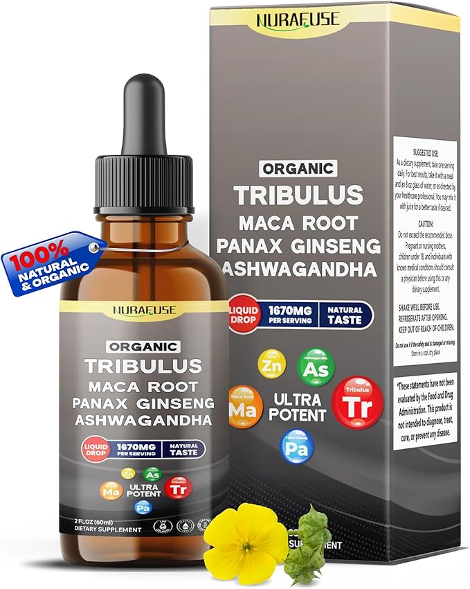 Organic Tribulus, Maca Root, Panax Ginseng, Ashwagandha Liquid Drops – 1670mg per Serving, Ultra Potent, Natural Taste, USA Made & Lab Tested – 2 FL OZ (60ml)
