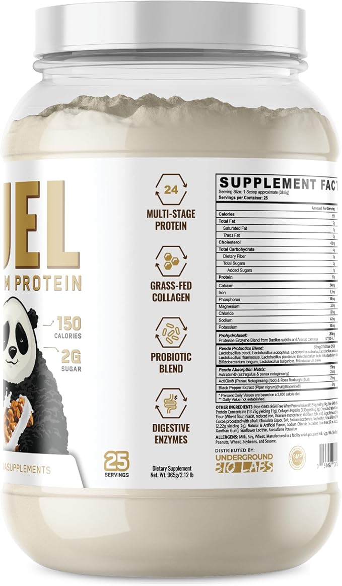 Panda Fuel Premium Protein Non-GMO Whey,Hydrolyzed Collagen,Casein,Probiotics,Digestive Enzymes, Keto Friendly,Time Release, 25 Servings (Cookies & Cream) (with inclusions)