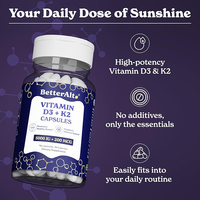 Vitamin D3 + K2 Capsules | 5000 IU Vitamin D3, 200 mcg Vitamin K2 | Helps Promote Bone Strength | 1-Month Dietary Supplement